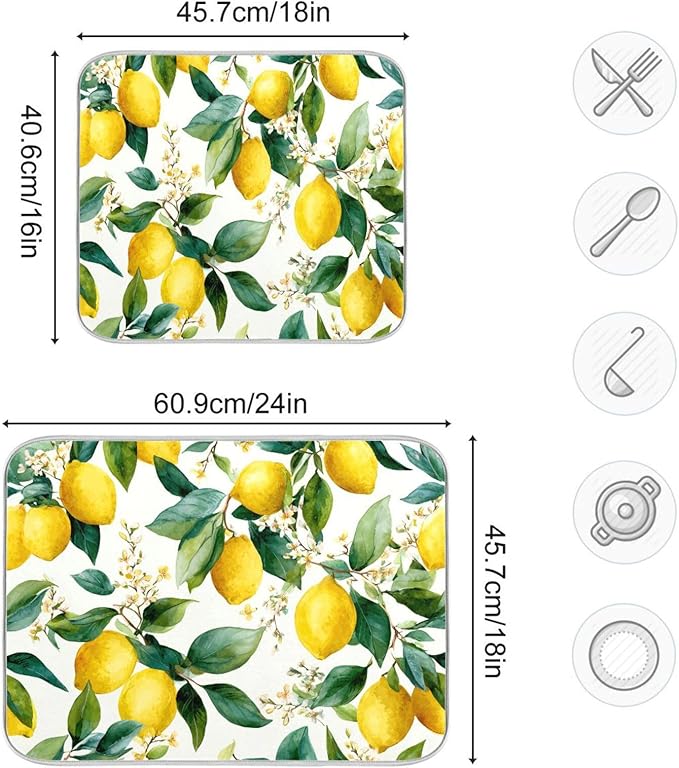 Watercolor Lemons Dish Drying Mat for Kitchen Counter Super Absorbent Dishes Pad Reversible Microfiber Protector Dish Draining Mats 16x18 inch