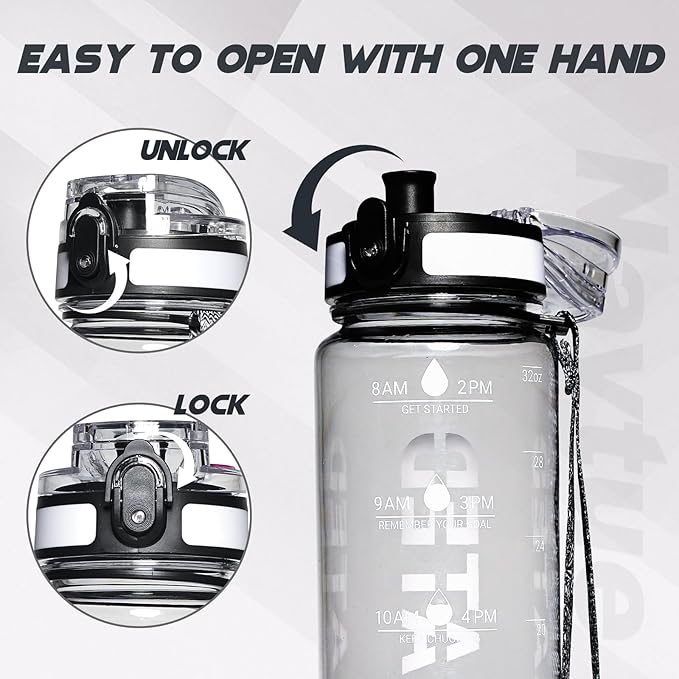 Water Bottle, 32 oz Sports Water Bottles with Time Marker Wide Mouth, Motivational and Leakproof Drink Bottle, BPA Free Tritan with Carry Strap for Gym Fitness Outdoor(Direct Drink 1 Bottle)
