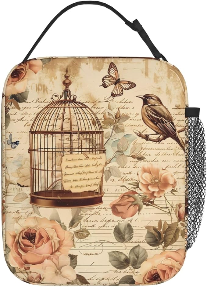 Reusable Vintage Birdcage and Rose Lunch Box for Kids Girls Boys Women Adult, Insulated Floral Retro Lunch Bag,Polyester Cooler Handbags Case for School Picnic Work Travel Beach or Hiking