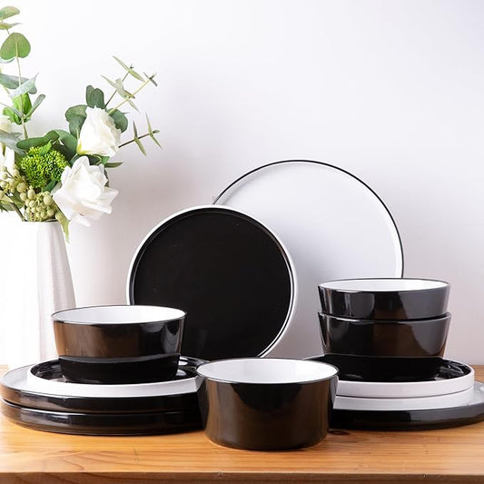 AmorArc Dinnerware Sets for 4, 12 Piece Stoneware Plates and Bowls Set, Chip and Crack Resistant Plates Set, Dishwasher & Microwave Safe Ceramic Dishes - (Black and White, Service for 4)