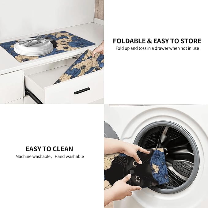 Black Cat Dish Drying Mat for Kitchen Counter Microfiber Super Absorbent Non-Slip Dish Drying Pad for Countertops Dishes Utensils Stylish Quick-Dry Machine Washable 18x24 Inch