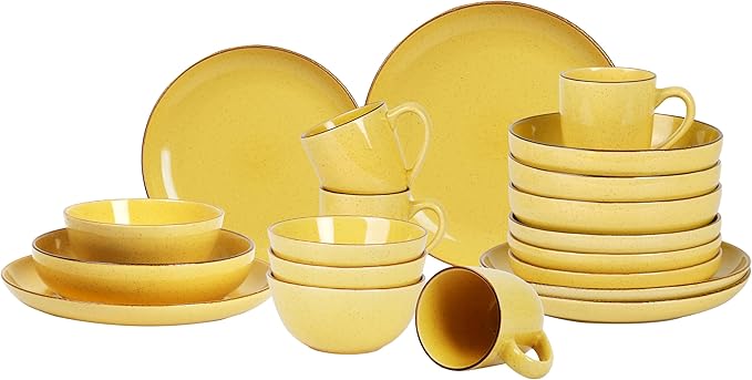 Eur-Nordic Shape Raising Rim 20pc Dinnerware Set, Shiny Glaze Yellow with Speckle Effect