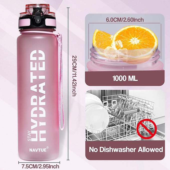 Water Bottle, 32oz Sports Water Bottles with Time Marker Wide Mouth, Motivational and Leakproof Drink Bottle, BPA Free Tritan with Carry Strap for Gym Fitness Outdoor(Direct Drink 1 Bottle)