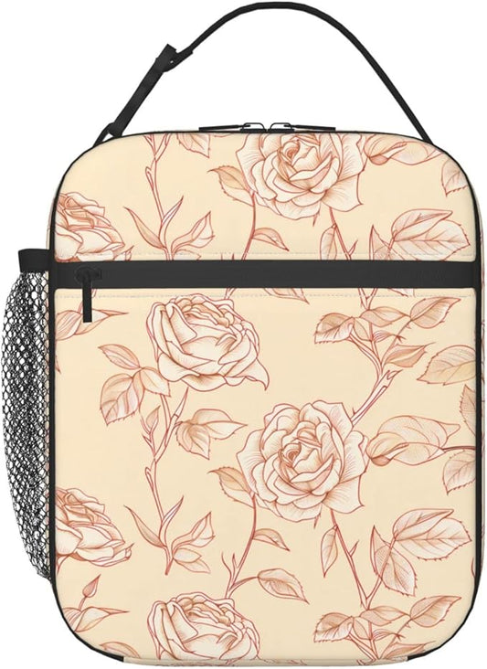 Reusable Floral Rose Lunch Box for Kids Girls Boys Women Adult, Insulated Vintage Flower Lunch Bag,Polyester Cooler Handbags Case for School Picnic Work Travel Beach or Hiking
