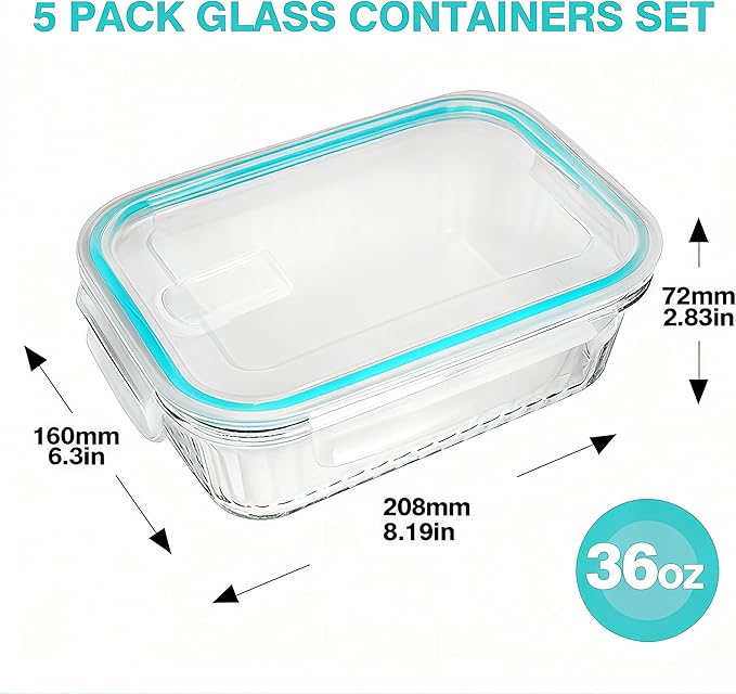 5-Packs, 36 Oz Glass Meal Prep Containers with Snap Locking Lids Glass Food Containers,Airtight Lunch Container,Microwave, Oven, Freezer and Dishwasher