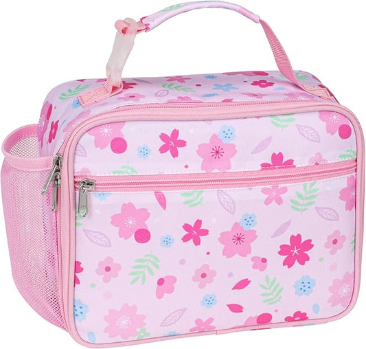 Bagseri Kids Lunch Bag for Girls - Insulated Kids Lunch Box for Daycare and School Reusable Meal Tote Bag with Water Bottle Holder, Easy-Clean Water-Resistant Fabric, Pink Floral
