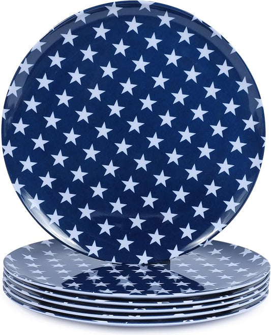 White Melamine Dinner Plates,6pcs Dishes Set,10inch Lightweight Round Plates,Scratch Resistant Unbreakable Serving Dishes,Star