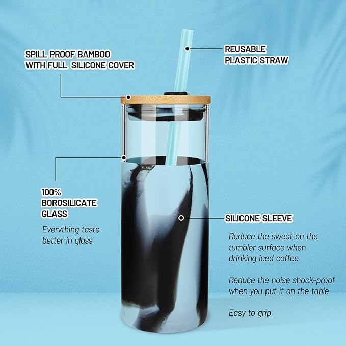 Tronco 20 oz Glass Tumbler with Lid and Straw, Iced Coffee Cup and Smoothie Cup with Bamboo Lids & Protective Silicone Sleeve, Dishwasher Safe, BPA-Free, Glass Cup 1 Pack