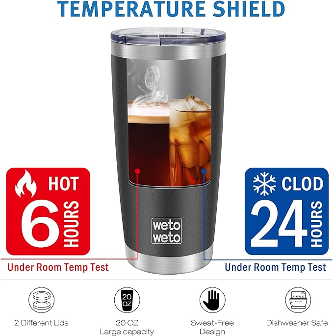 WETOWETO 20oz Tumbler, Stainless Steel Vacuum Insulated Coffee Travel Mug, Double Wall Powder Coated Insulated Coffee Mug Travel Mug with Lid Thermal Cup for Outdoor, Black, 6 Pack