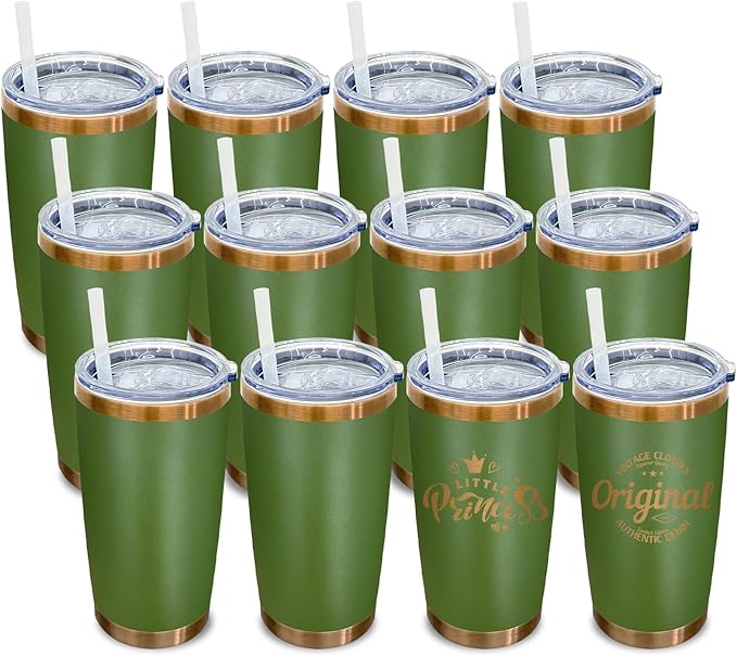 20 oz Tumbler Bulk 12 Pack Stainless Steel Tumblers with Lids and Straws, Double Wall Vacuum Insulated Travel Coffee Mug for Laser Engrave, Powder Coated Cups Hot and Cold Drinks (Army Green,12 pack)