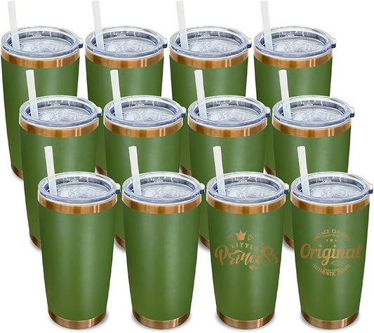 20 oz Tumbler Bulk 12 Pack Stainless Steel Tumblers with Lids and Straws, Double Wall Vacuum Insulated Travel Coffee Mug for Laser Engrave, Powder Coated Cups Hot and Cold Drinks (Army Green,12 pack)