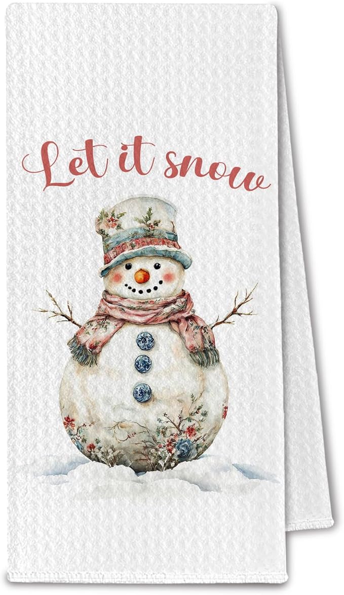 Chinoiserie Winter Snowman Kitchen Towels, Vintage Christmas Dish Towels Drying Cloth for Kitchen, Let It Snow Shabby Chic Xmas Snowman Decorative Hand Towel for Bathroom, 16x24 Inch