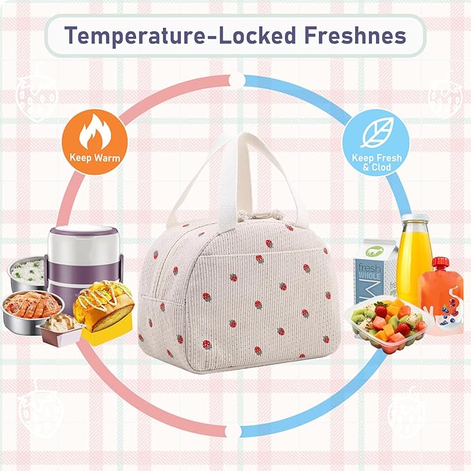 Strawberry Lunch Bag for Women,Insulated Lunch Tote Bag Cute Lunch Box Large Capacity Reusable Cooler for Work,Travel,Beach or Picnic
