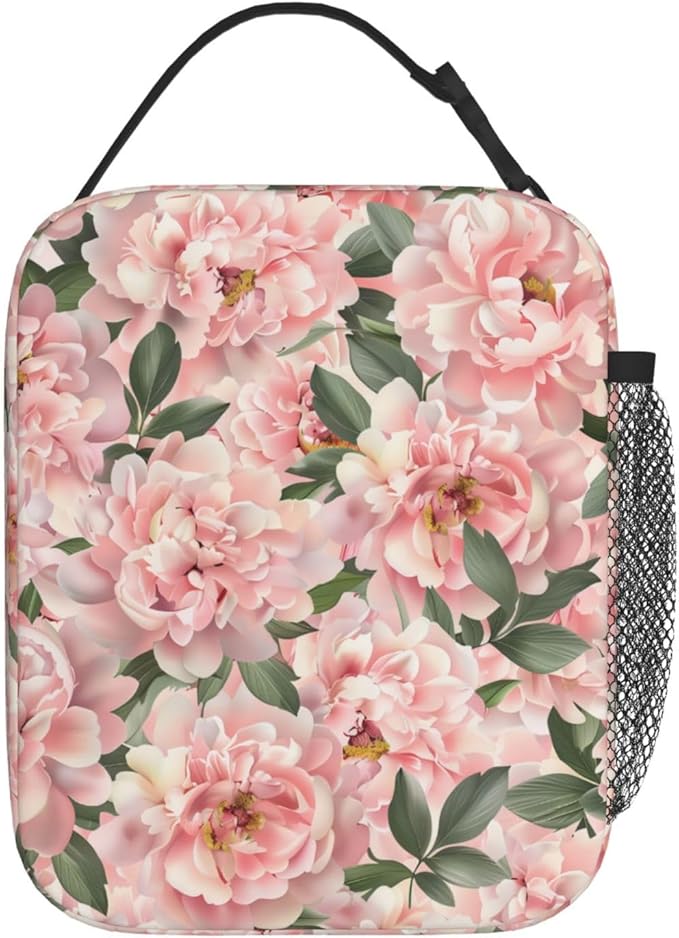 Reusable Pink Peony Floral Lunch Box for Kids Girls Boys Women Adult, Insulated Romantic Flower Lunch Bag,Polyester Cooler Handbags Case for School Picnic Work Travel Beach or Hiking