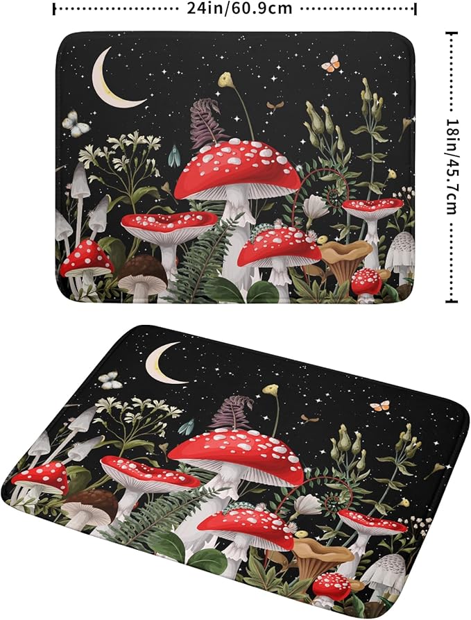 Red Mushroom Dish Drying Mat for Kitchen Counter Plant Leaves Drainer Mats Rack Holder Countertop Absorbent Microfiber Coffee Pads 18x24 Inch