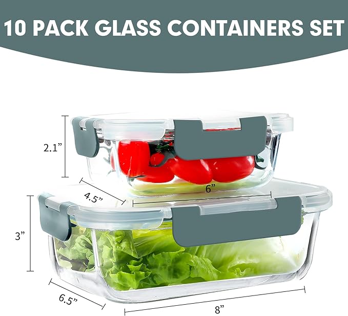 VERONES 10 Pack Glass Meal Prep Containers, Airtight Glass Lunch Containers, Stackable Glass Food Storage Containers Set with Lids,Exclusive of BPA,for Microwave, Oven, Freezer & Dishwasher,Grey