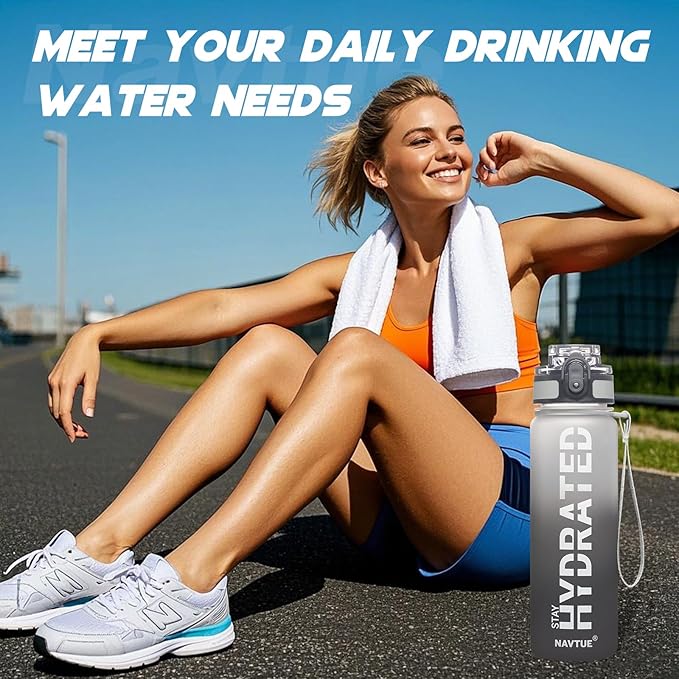 Water Bottle with Carrier Bag, 32 oz Sports Water Bottles with Time Marker Wide Mouth, Motivational and Leakproof Drink Bottle, BPA Free Tritan with Carry Strap for Gym Fitness Outdoor