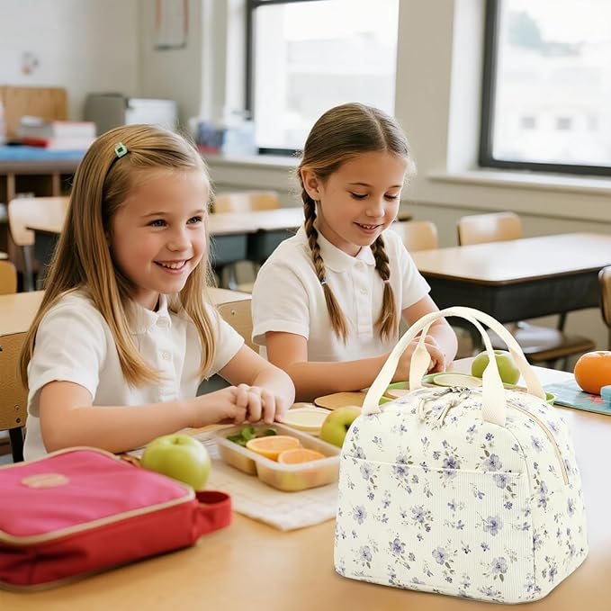 BTOOP Lunch Box for Women Men Cute Corduroy Lunch Bags Large Capacity Insulated Lunch Tote Bag For Work Travel Or Picnic (Grace Purple Flower)