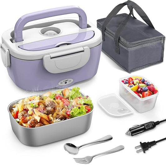 Vingud Electric Lunch Box for Adults, 80W Heated Lunch Box with 2 Stainless Steel Container, 1.5L Portable Food Warmer Lunch Boxes for Work Men Car Truck, 110V/12V/24V/240V (Light Purple)