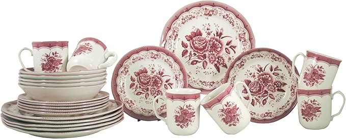 TUDOR ROYAL 24-Piece Porcelain Round Dinnerware Set, Service for 6, VICTORIA Red Design, Blue Floral, Plates Bowls Mugs Dishes, Premium Quality Ceramic Tableware, Unique Pattern, Glossy