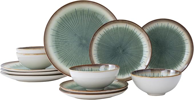 Dinnerware Set Green 12 Pieces Service for 4, Stoneware Plates and Bowls Set Stoneware Set, Dishwasher Microwave Safe Dishes set