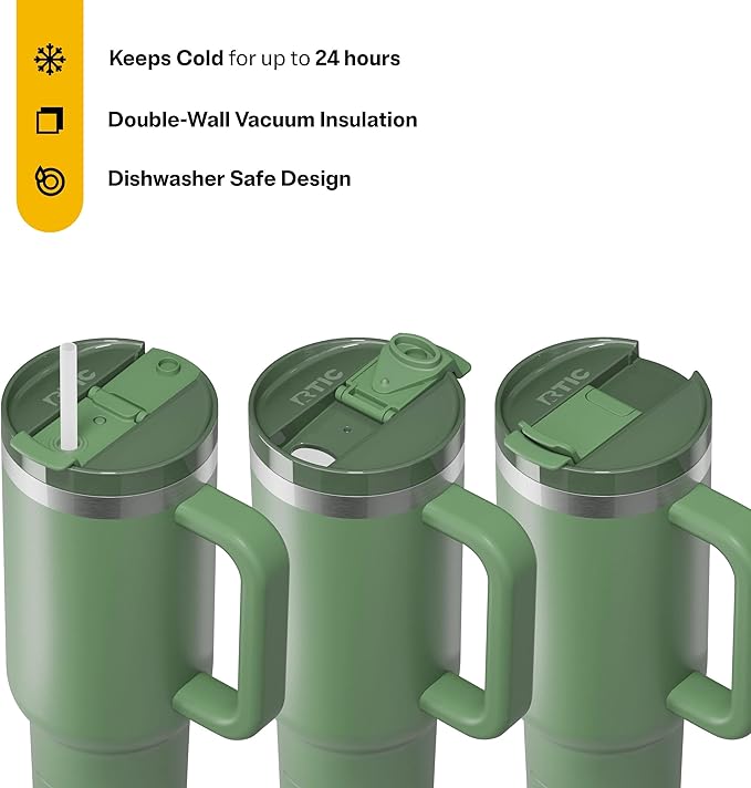 RTIC 40 oz Road Trip Tumbler Double-Walled Cermaic Lined Insulated Stainless Steel Portable Travel Coffee Mug Cup with Lid, Handle and Straw, Sage