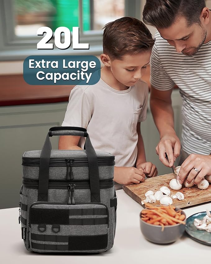 RalChyez Tactical Lunch Bag, 20L Large Heavy Duty Double Deck Insulated Lunch Box Leakproof Expandable Tote Cooler with Shoulder Strap for Adult Men Women Work Fishing Picnic Travel Gray