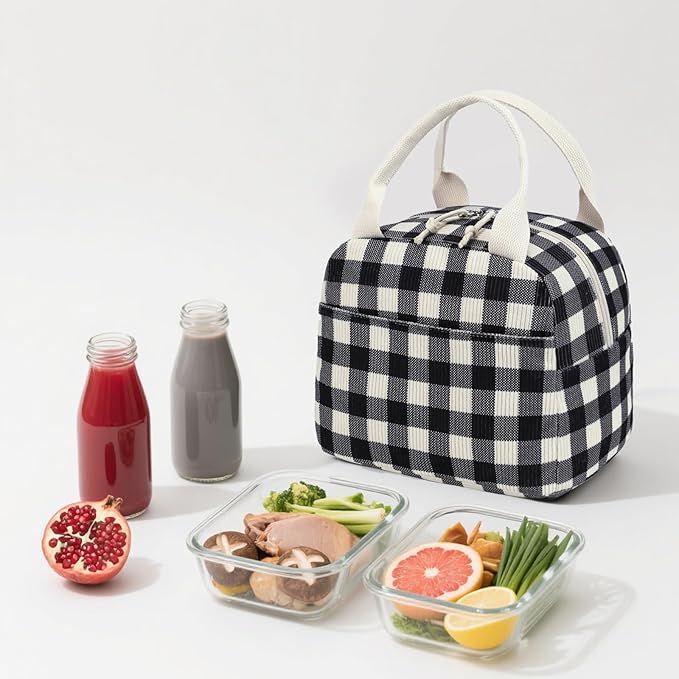 BTOOP Lunch Box for Women Men Cute Corduroy Lunch Bags Large Capacity Insulated Lunch Tote Bag For Work Travel Or Picnic (Black-White-Grey Checkered)