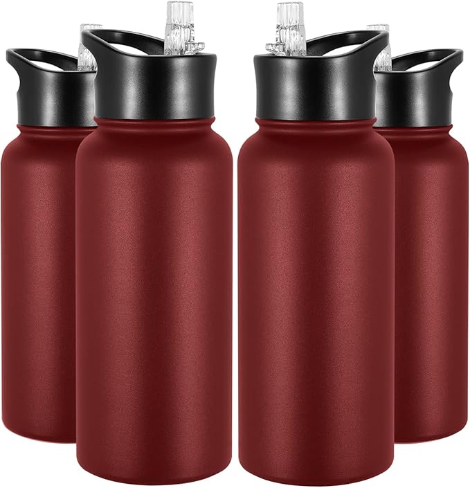 32 oz Insulated Water Bottle Bulk 4 Pack, Stainless Steel Sports Water Bottles with Straw Lid & Wide Mouth Lids, Double Walled Vacuum, Leak Proof, Red