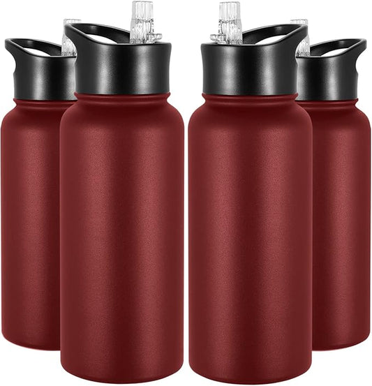32 oz Insulated Water Bottle Bulk 4 Pack, Stainless Steel Sports Water Bottles with Straw Lid & Wide Mouth Lids, Double Walled Vacuum, Leak Proof, Red