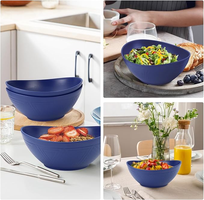 Wrova 65oz Large Salad Bowls Deep Blue - Wheat Straw Serving Bowls Set of 4 - Unbreakable Serving Bowls Dishware & Microwave Safe - BPA Free Bowl for kitchen,camping