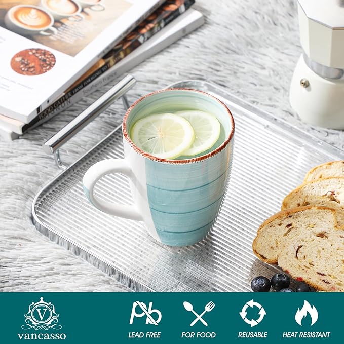 vancasso Bonita 16 Oz Large Coffee Mugs Set of 6, Ceramic Coffee Cups for Cappuccino, Latte, Tea, Cocoa, Blue