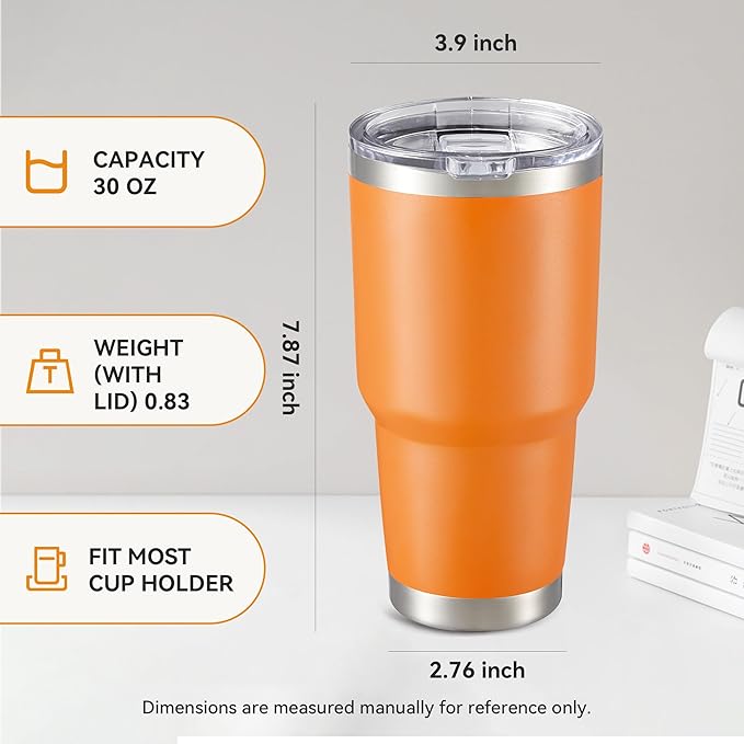 30 oz Tumbler with Lid Stainless Steel Tumblers Vacuum Insulated Cup Reusable Powder Coated Travel Mug Double Wall Leak Proof Portable Cups Keep Cold Drinks for 12 Hours, Orange, 1 Pack
