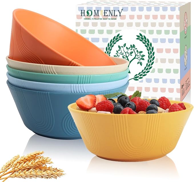 Wheat Straw Bowl Sets of 6 - 36oz Cereal Bowls with Textured Design,Large Soup Bowl - Microwave and Dishwasher Safe, Ramen Bowl Set, Alternative to Plastic Bowls for Serving Soup,Ramen,Salad - Multi