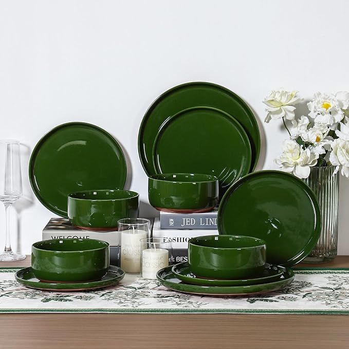 GZG Modern Art Series - 12 Pcs Speckled Stoneware Plates and Bowls Sets, Ceramic Dinnerware Set with Rustic Terracotta Underside, Microwave and Dishwasher Safe Handcrafted Dishes Set - Verdant Green