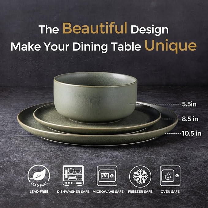 LERATIO Stoneware Dinnerware Sets for 4,Handcarft Ceramic Plates and Bowls Sets,Chip and Scratch Resistant Dishes, Dishwasher & Microwave Safe, Oven safe,Reactive Glaze-Green