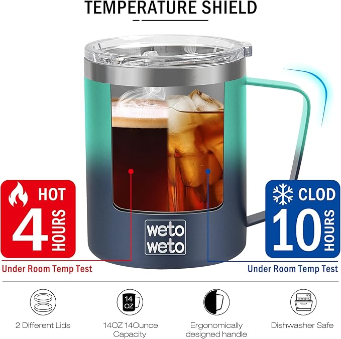 WETOWETO 14 oz Coffee Mug Set, Vacuum Insulated Camping Mug with Lid, Double Wall Stainless Steel Travel Tumbler, Coffee Cup Outdoor, Powder Coated Secret Ocean