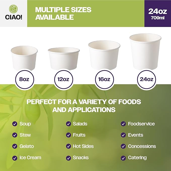 CIAO! 24OZ Disposable White Paper Food Container, 115mm Diameter, Lids Sold Separately (500/case)