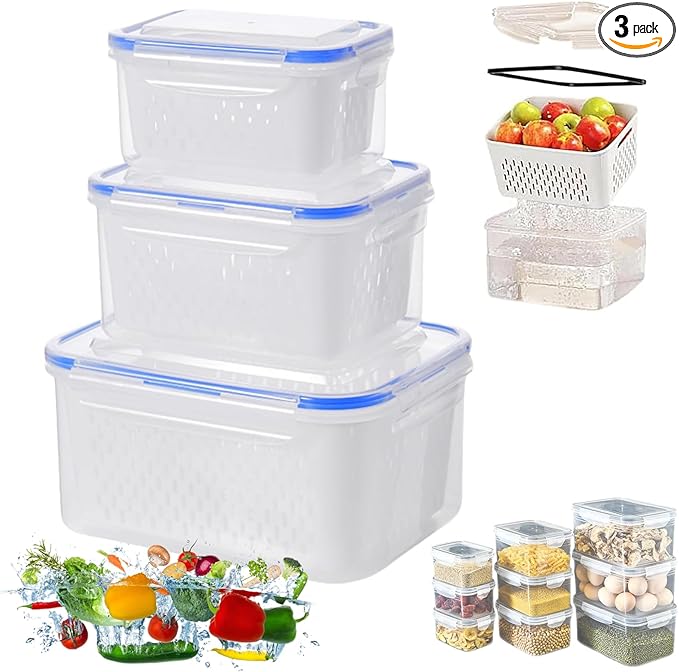 Relativityi Transparent Plastic Food Storage Containers, Relativityi Household Transparent Plastic Food Storage Box-Including Drain Basket with Removable Colander (Blue, S+M+L)
