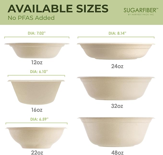 [500 COUNT]Harvest Pack PFAS FREE 48oz Round Compostable Paper Bowls with Flat Lids - Heavy-Duty Eco-Friendly Disposable Bagasse Large Soup Bowls Sugarcane made plant fibers for Meal Prep
