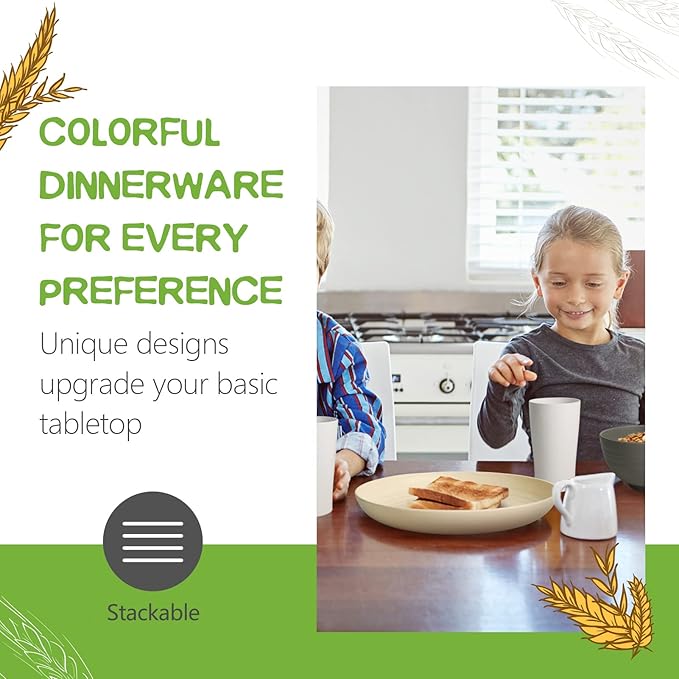 Teivio 32-Piece Kitchen Plastic Wheat Straw Dinnerware Set, Service for 8, Dinner Plates, Dessert Plate, Cereal Bowls, Cups, Unbreakable Colorful Plastic Outdoor Camping Dishes, Gray Stone