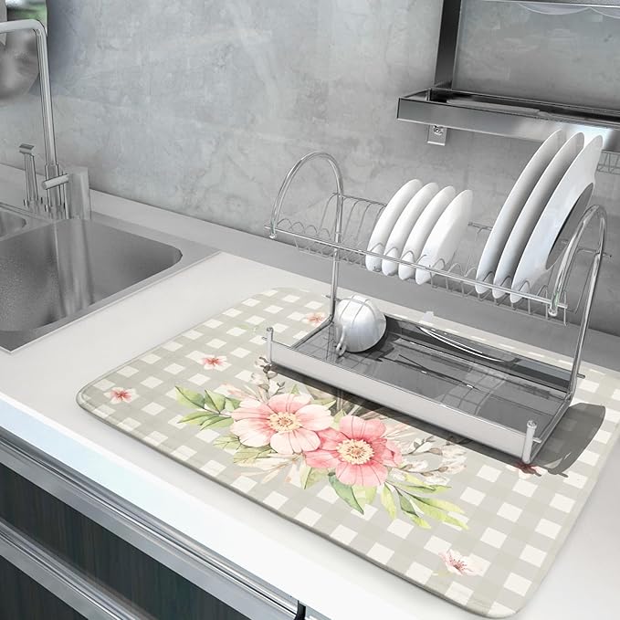 Spring Easter Dish Drying Mats for Kitchen Counter 18×24 Inch Cute Bunny Flowers Large Microfiber Drying Mat Kitchen Accessories Dish Rack Mat Drainer Pad Washable Absorbent