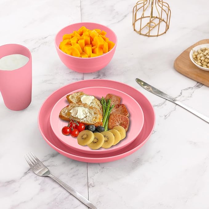 Pink Dinnerware Sets for 8,Pink Plates and Bowls Sets Plastic,Wheat Straw Dinnerware Sets Unbreakable Microwave Safe Lightweight,32 Pcs Christmas Dishes Set for Kids Elderly Kitchen Outdoor