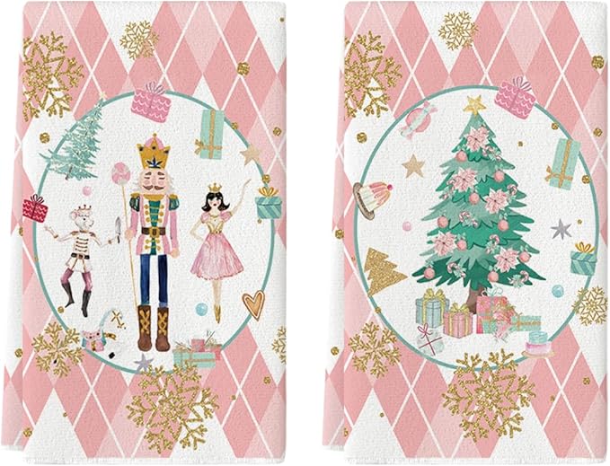 Artoid Mode Pink Nutcrackers Tree Christmas Kitchen Towels Dish Towels, 18x26 Inch Seasonal Winter Xmas Decoration Hand Towels Set of 2