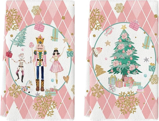 Artoid Mode Pink Nutcrackers Tree Christmas Kitchen Towels Dish Towels, 18x26 Inch Seasonal Winter Xmas Decoration Hand Towels Set of 2