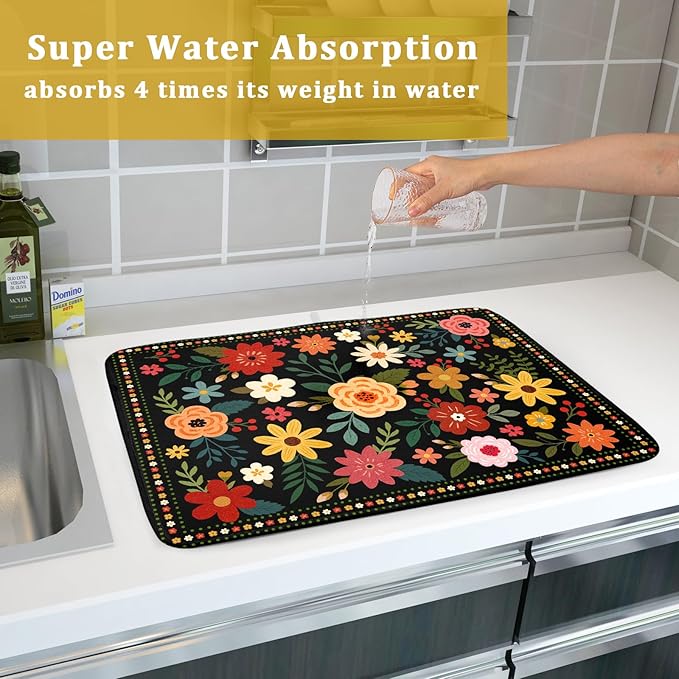 Boho Floral Dish Drying Mat 18x24 Inch Colorful Flower Dishes Dry Mats Absorbent Washable Drainer Rack Pad Protective Kitchen Counter Decor