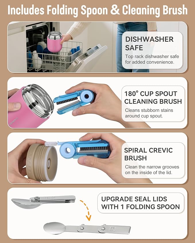 17oz Soup Thermo for Hot Food Adults Insulated Food Jar Thermo Hot Food Lunch Container Wide Mouth Stainless Steel Lunch Box for Kids with Folding Spoon Cleaning Brush Pink