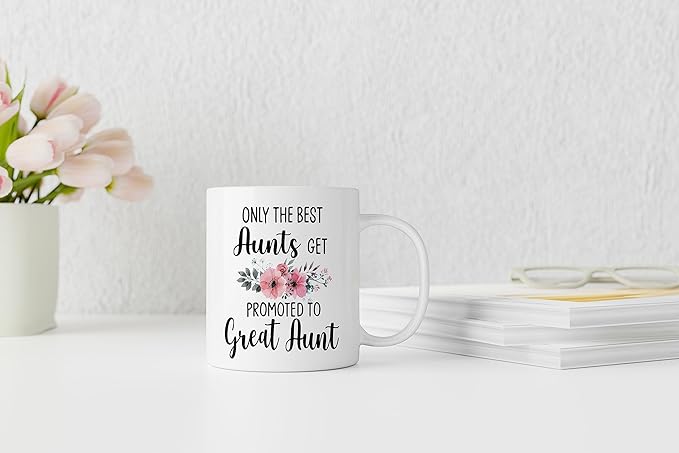 QASHWEY Great Aunt Coffee Mugs, Funny Pregnancy Announcement Gifts, Double Side Printed Ceramic 11 Ounce