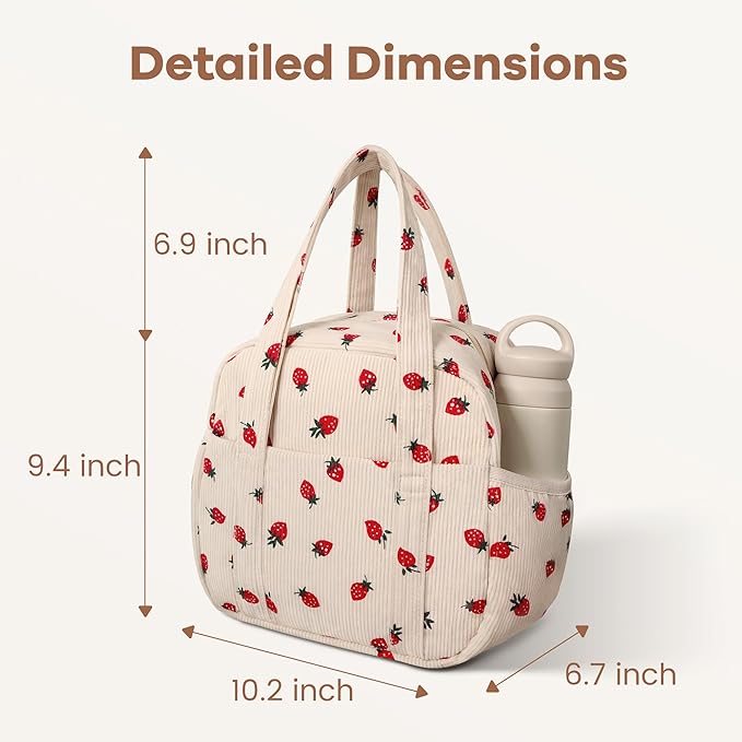 Yarnic Corduroy Lunch Bag Women Men Insulated, Large Lunch Box for Work with Bottle Pockets, Stylish Reusable Cooler Tote for Adults Teachers Picnic Hiking (Big Strawberry)