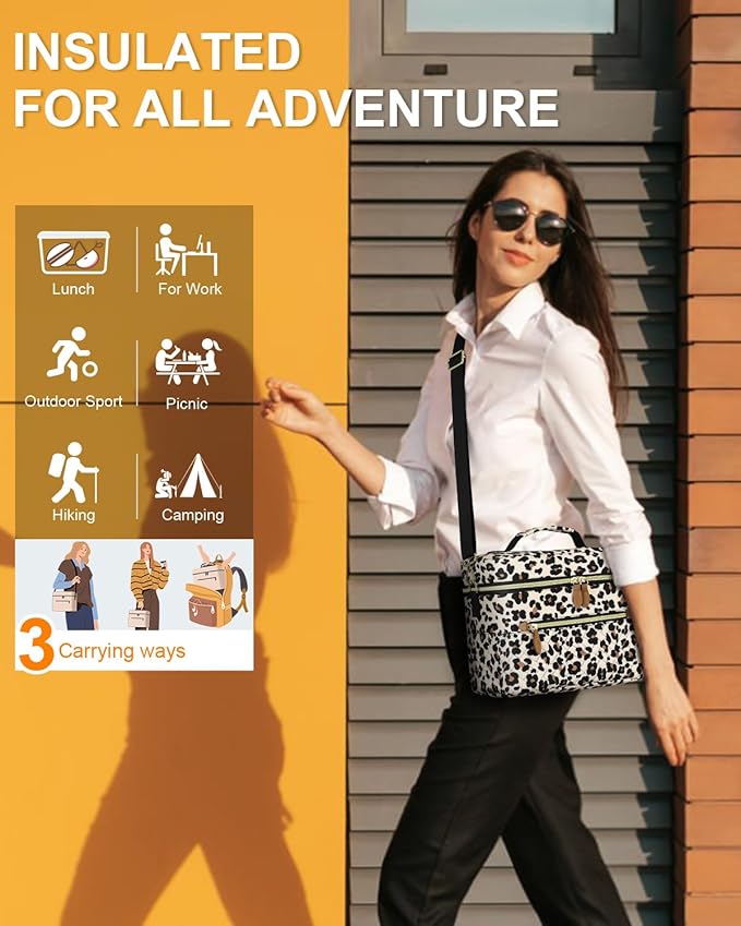 Capolo Lunch Box for Women Men Adults,Insulated Lunch Bag Leakproof Lunch Cooler Box with Removable Strap Cute Lunch Tote Bags Reusable Thermal Lunchbox for School Work Picnic(Small,Leopard)